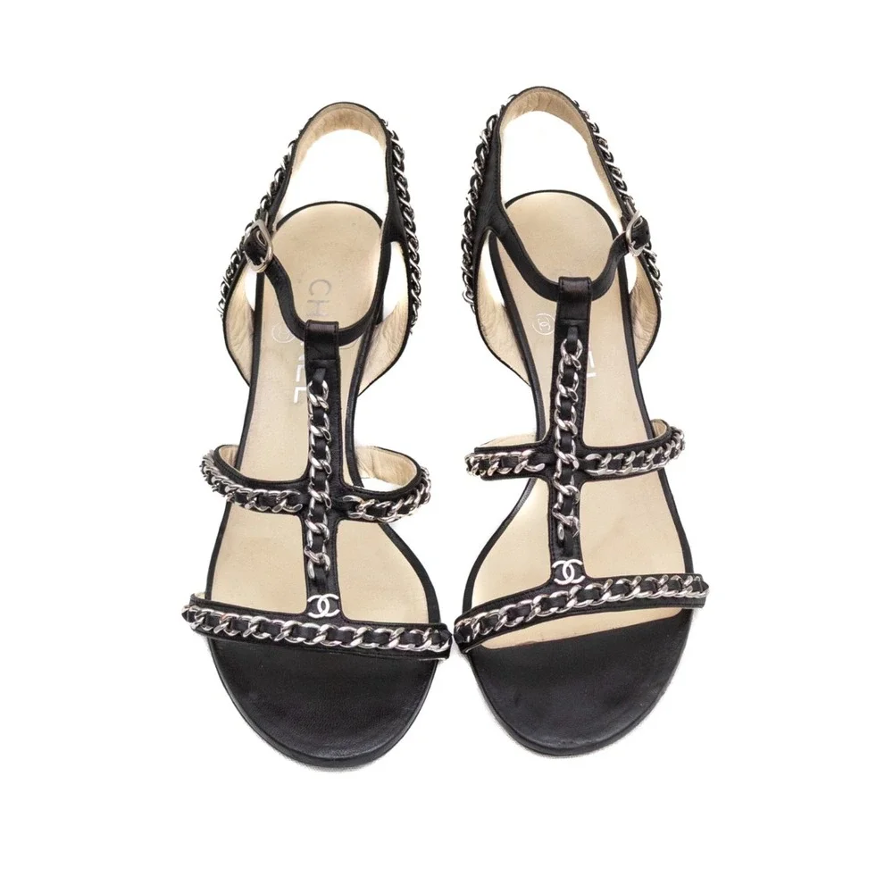 Chanel Black Leather Chain Strap Heeled Sandals US 8.5 Ankle Strap CC Logo‎